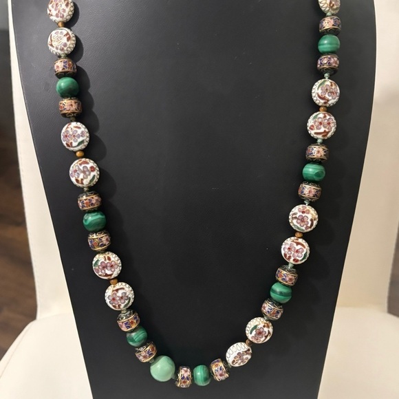 Fabulous Vintage chinese Cloisonné and malachite long necklace - Picture 3 of 8